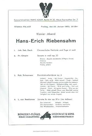 Programmzettel zum Klavier-Abend von Hans-Erich Riebensahm am 23. Januar 1953 im Titania-Palast S...