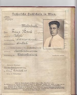 Bild des Verkufers fr Meldebuch Franz Stock an der Technischen Hochschule in Wien. Matrikelschein Nr. 647/1931 vom Oktober 1931 bis Mai 1933. zum Verkauf von Antiquariat Carl Wegner