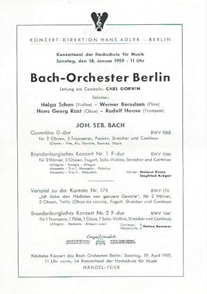 Programmzettel zum Konzert des Bach-Orchesters Berlin am 18. Januar 1959 im Konzertsaal der Hochs...