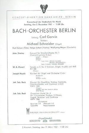 Programmzettel zum Konzert des Bach-Orchesters Berlin am 3. Dezember 1961 im Konzertsaal der Hoch...
