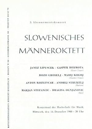 Programmzettel zu 3. Abonnementskonzert Slowenisches Männeroktett am 14. Dezember 1960 im Konzert...