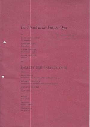 Seller image for Programmheft zu: Ein Abend in der Pariser Oper. Mitwirkende: Majorie Tallchief, Claire Sombert, Pierre Lacotte. Daphne Dale, Nicholai Polajenko u.a. Tourneeleiter: Gerard Sayaret. Ballettmeister: George Skibine. for sale by Antiquariat Carl Wegner