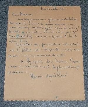 Lettre ayant voyagé, signée et datée du 24 Octobre 1922