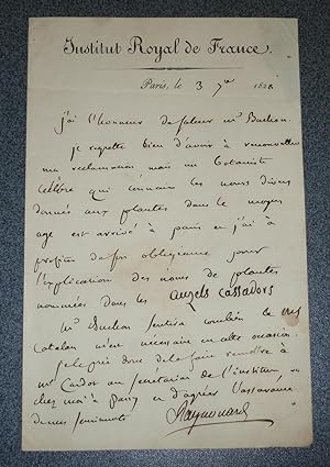 Lettre autographe signée de 1828, à l'entête de l'Institut Royal de France