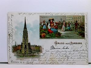 AK Gruss aus Hamburg; Nicolaikirche, Hopfenmarkt, Vierländerin; Lithographie, coloriert, 1903