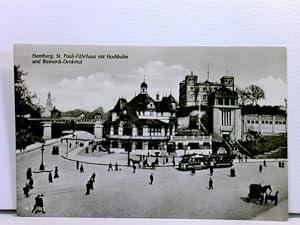AK Hamburg, St. Pauli-Fährhaus mit Hochbahn und Bismarck-Denkmal, Straßenbahn; Aufnahme 4.7.1913,...