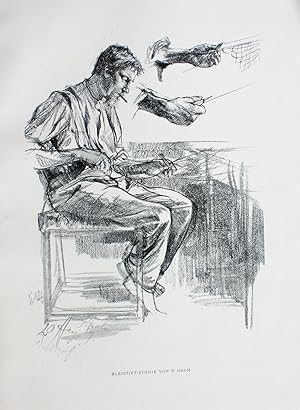 Seller image for "Netzflicker" originale Rotations-Lithographie ca.27x20cm (Darstellung/Image size) nach einer Zeichnung von Halm auf Kunstdruck-Karton (38x28cm) in der Platte signiert und datiert "20. Aug. (18)89"; for sale by Kunsthandel & Antiquariat Magister Ru�