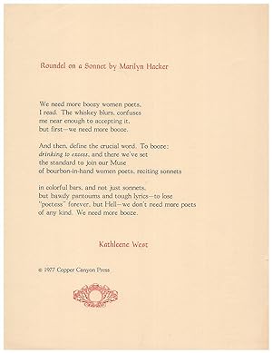 Immagine del venditore per Roundel on a Sonnet By Marilyn Hacker venduto da Arundel Books