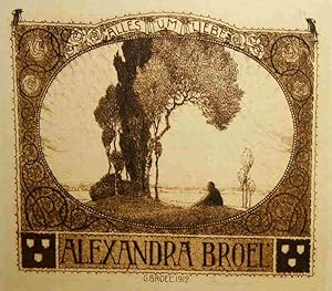 Ex Libris für Alexandra Broel. Radierung. Dunkelbrauner Druck. Baumgruppe mit Fels und Fernsicht ...