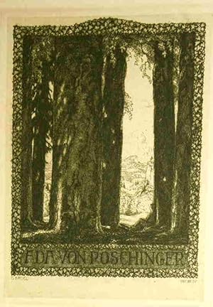 Ex Libris für Ada von Poschinger. Radierung, grünschwarzer Druck.Wald.