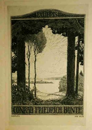 Ex Libris für Conrad Friedrich Bonte. Radierung, schwarzer Druck.Blick auf See, von Bäumen umrahmt.