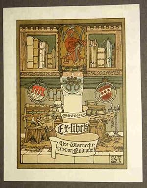 Ex Libris Ilse Warnecke geb. von Landwüst. Voller Arbeitstisch, darüber Bücherregal, mittig Säule...