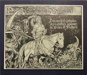 Ex Libris Wilhelm von Gebhardt. Reiter in Rüstung auf Pferd reitend, Schwert in rechter Hand. Hin...