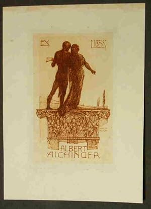 Ex Libris Albert Aichinger. Paar, auf einem dekorativem Brückenpfeiler stehend und in die Ferne s...