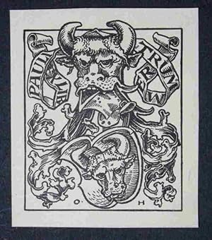 Ex Libris Pauli Trummer. Stierkopf, wappenartiges Motiv. Schwarzer Druck.