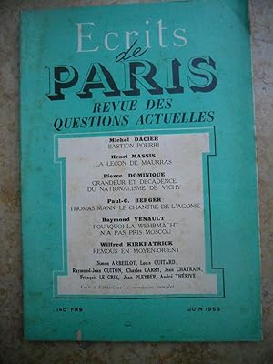 Bild des Verkufers fr Ecrits de Paris - Revue des questions actuelles - N. 104 - Juin 1953 zum Verkauf von Frederic Delbos