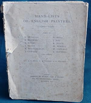 Image du vendeur pour Hand-List of English Printers 1501-1556. Part IV. mis en vente par Colophon Books (UK)