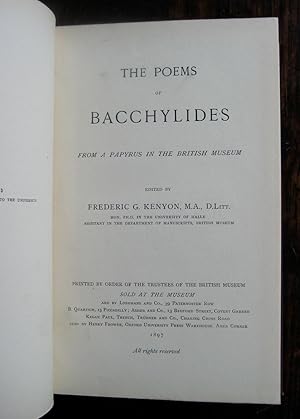 The Poems of Bacchylides, from a papyrus in the British Museum. Edited by Frederic G. Kenyon