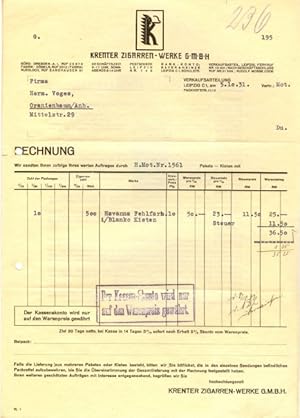 Krenter Zigarren-Werke G.M.B.H. Dresden, Döbeln, Nussloch, Leipzig. Typographische Rechnung mit v...