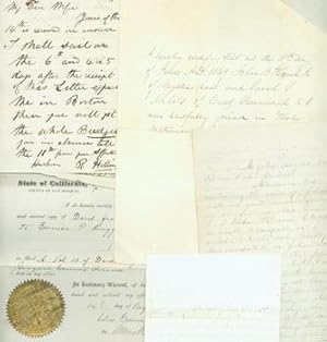 Imagen del vendedor de Manuscripts: Letter by Mrs. Baker to Mannie, Philadelphia, Dec. 22nd, 1877 (two pages); Marriage Certification, June 18, 1849, Wedding of John B. Couch of Mystic, Conn. and Sarah Nichols of East Greenwich, R.I.; Letter from Mystic [Conn.?] Aug. 22, 1878, addressed Dear Sister Eunice [Huggins?]; Deeds of sale from John B. Houche to Eunice P. Huggins dated May 21, 1863 in Stockton, CA, and August 14, 1880 in San Joaquin County, CA; and a letter dated Oct. 1, 1870, R. Hollings to his wife. a la venta por Wittenborn Art Books