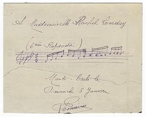 Autograph musical quotation signed "Lemaire" and inscribed "To Mademoiselle Rachel Loveday"