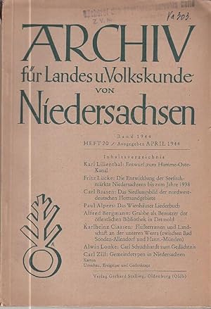 Image du vendeur pour Archiv fr Landes und Volkskunde von Niedersachsen. Heft 20, April 1944. mis en vente par Antiquariat Carl Wegner