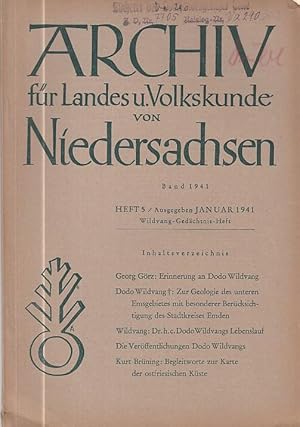 Image du vendeur pour Archiv fr Landes und Volkskunde von Niedersachsen. 1941 Heft 5 Januar - Wildvang-Gedchtnis-Heft. mis en vente par Antiquariat Carl Wegner