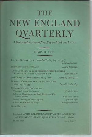 Seller image for The New England Quarterly: A Historical Review of New England Life and Letters Volume XLIV [44], Number 1 (March 1971) for sale by Bookfeathers, LLC