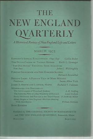 Bild des Verkufers fr The New England Quarterly: A Historical Review of New England Life and Letters Volume XLVI [46], Number 1 (March 1973) zum Verkauf von Bookfeathers, LLC