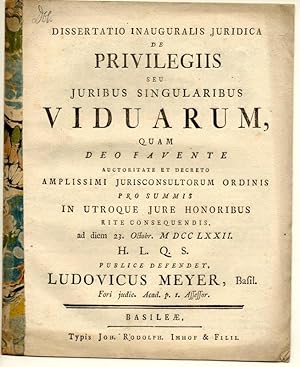 Seller image for Juristische Inaugural-Dissertation. De privilegiis seu iuribus singularibus viduarum. for sale by Wissenschaftliches Antiquariat Kln Dr. Sebastian Peters UG