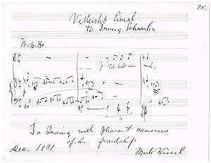 Bild des Verkufers fr Eigh. musikalisches Albumblatt mit Notenzeile, Widmung fr den in Europa ttigen amerikanischen Musikwissenschaftler Irving Schwerk (1893-1975) und Unterschrift, 1 Seite, quer-8, Dez. 1931. zum Verkauf von Wiener Antiquariat Ingo Nebehay GmbH