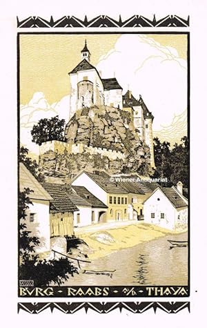 "Burg Raabs a./d. Thaya." Farbholzschnitt von Hubert WOYTY-WIMMER (in der Platte monogrammiert HW...
