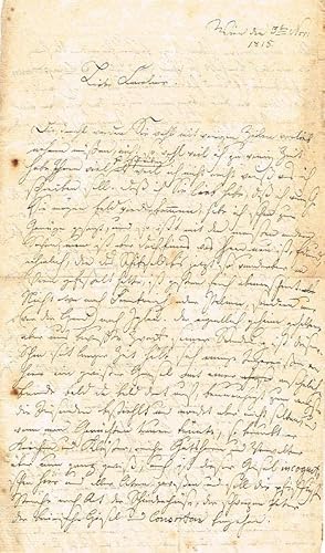Eigenhänd. Brief mit Unterschrift ("Julius Schnorr"), 2 Seiten, in-8, Wien, 3. 11. 1815.