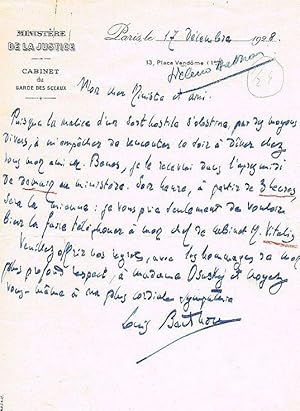 Bild des Verkufers fr Eigenhnd. Brief mit Unterschrift ("Louis Barthou"), in-8, Paris (gedr. Briefkopf), 17. 12. 1928. zum Verkauf von Wiener Antiquariat Ingo Nebehay GmbH