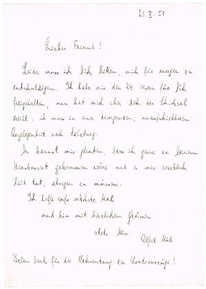 Bild des Verkufers fr Eigh. Brief m. U., 1 Seite, gr-8, o. O. (Wien), 23. 2. 1951. zum Verkauf von Wiener Antiquariat Ingo Nebehay GmbH