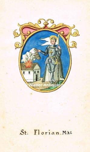 Bild des Verkufers fr St: Florian. Mkt". Aquarellierte Wappen-Originalzeichnung (von V. R. WIDIMSKY). zum Verkauf von Wiener Antiquariat Ingo Nebehay GmbH