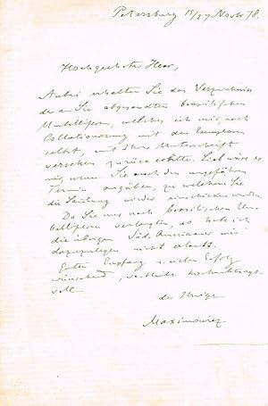 Seller image for Eigenhnd. Brief mit Unterschrift ("Maximowicz"), 1 Seite, kl-8, Petersburg, 15./27. 11. [18]78. for sale by Wiener Antiquariat Ingo Nebehay GmbH