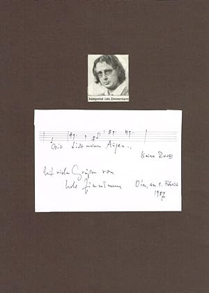 Musikalisches Billet mit eigh. Notenzeile, Widmung und Unterschrift, 10 x 14,5 cm, Wien, 1. 2. 1987.