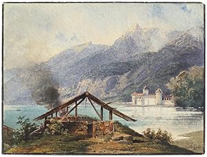 Bild des Verkufers fr Landschaft am Genfer See mit Schlo Chillon. zum Verkauf von Galerie Joseph Fach GmbH