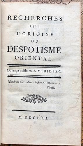 Immagine del venditore per Recherches sur l'origine du Despotisme oriental. Ouvrage posthume de M. B. I. D. P. E. C. venduto da Bonnefoi Livres Anciens