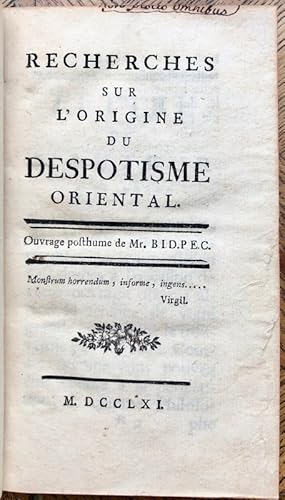 Image du vendeur pour Recherches sur l'origine du Despotisme oriental. Ouvrage posthume de M. B. I. D. P. E. C. mis en vente par Bonnefoi Livres Anciens