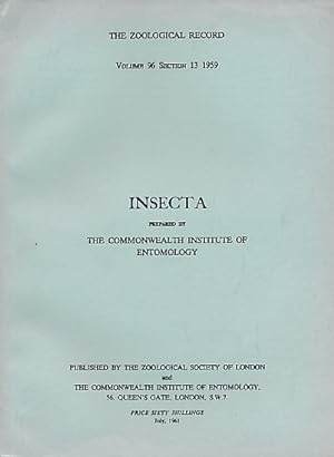 Bild des Verkufers fr Insecta. The Zoological Record Volume 96 Section 13 1959 zum Verkauf von Barter Books Ltd