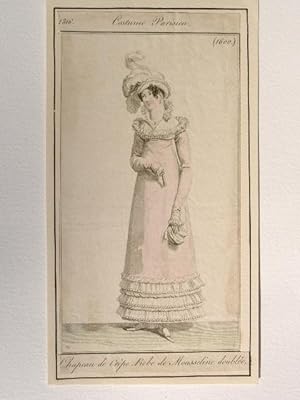 Costume parisien. N°1600. Chapeau de Crepe Robe de Mousseline doublée.