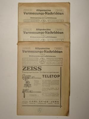 Seller image for Allgemeine Vermessungs-Nachrichten vereinigt mit Bildmessung und Luftbildwesen. Heft 11. Februar 1939, 1. Mai 1940 und 15. Juni 1940 (drei Hefte). for sale by Versandantiquariat Christine Laist
