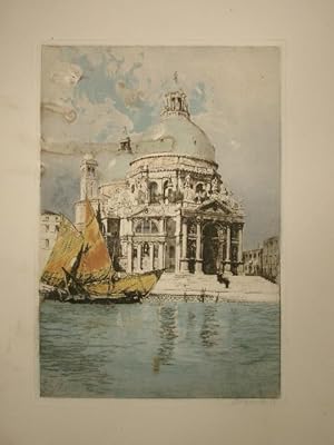 Kolorierte Radierung mit Ansicht der Basilica di Santa Maria della Salute am Canale Grande (Venezia)