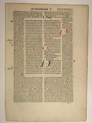 Bild des Verkufers fr Biblia mit Postilla des Nicolaus de Lyra und Expositio des Guillelmus Brito in omnes prologos S. Hieronymi und Add. des Paulus Burgensis und Repl. des Matthias Doering. Blatt CCXXXIIII: Epistola Pauli ad Timotheum (GW 04294, HC 3171). zum Verkauf von Versandantiquariat Christine Laist