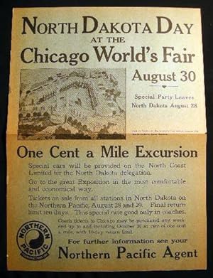 Image du vendeur pour 1933 Broadside Poster North Dakota Day at the Chicago World's Fair August 30 .One Cent a Mile Excursion Special Cars Will be Provided on the North Coast Limited for the North Dakota Delegation.Northern Pacific. mis en vente par Certain Books, ABAA
