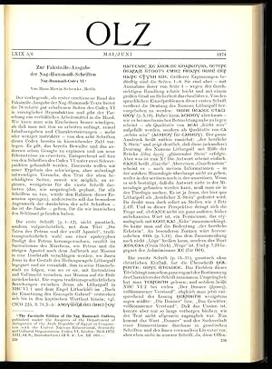 Image du vendeur pour Zur Faksimile-Ausgabe der Nag-Hammadi-Schriften - Nag-Hanimadi-Codex VI - Von Hans-Martin Schenke, Berlin, in: ORIENTALISTISCHE LITERATURZEITUNG (OLZ), 5,6/1974. Monatsschrift fr die Wissenschaft vom vorderen Orient und seine Beziehungen zum Kulturkreise des Mittelmeers. mis en vente par Antiquariat Bookfarm