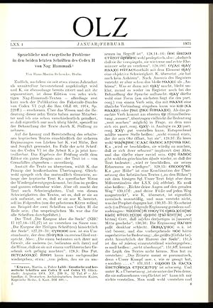 Image du vendeur pour Sprachliche und exegetische Probleme in den beiden letzten Schriften des Codex II von Nag Hammadi - Von Hans-Martin Schenke, Berlin, in: ORIENTALISTISCHE LITERATURZEITUNG (OLZ), 1/1975. Monatsschrift fr die Wissenschaft vom vorderen Orient und seine Beziehungen zum Kulturkreise des Mittelmeers. mis en vente par Antiquariat Bookfarm