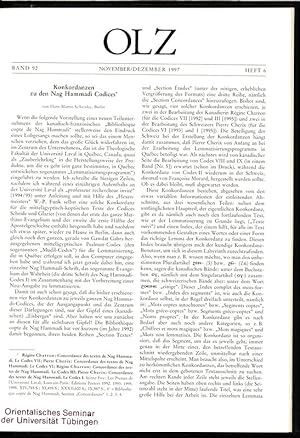 Image du vendeur pour Konkordanzen zu den Nag Hammadi Codices - von Hans-Martin Schenke, Berlin, in: ORIENTALISTISCHE LITERATURZEITUNG (OLZ), 6/1997. Monatsschrift fr die Wissenschaft vom vorderen Orient und seine Beziehungen zum Kulturkreise des Mittelmeers. mis en vente par Antiquariat Bookfarm